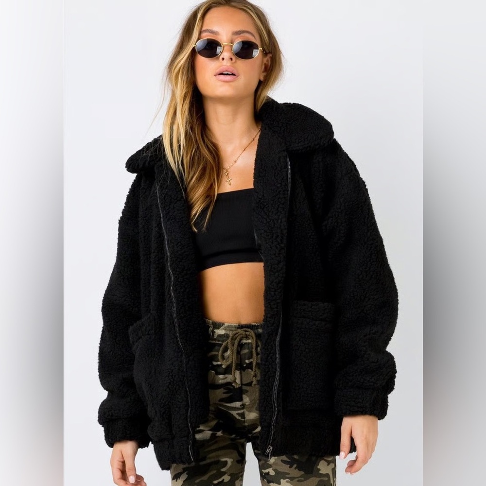 Black Zip Up Teddy Jacket